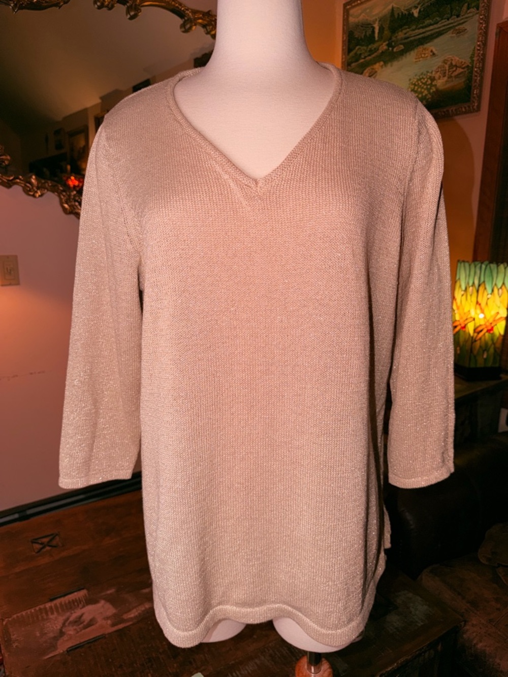 Gold Shimmery V-Neck SweaterKnit Top in Light Beige